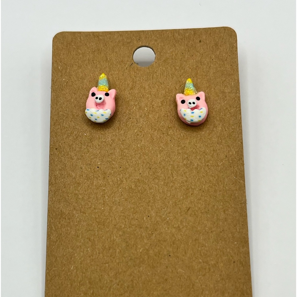 Pink shiny donut unicorn pig stud earrings